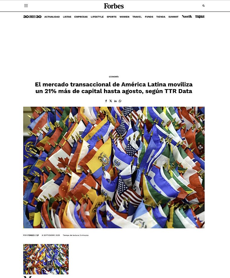 El mercado transaccional de Amrica Latina moviliza un 21% ms de capital hasta agosto, segn TTR Data